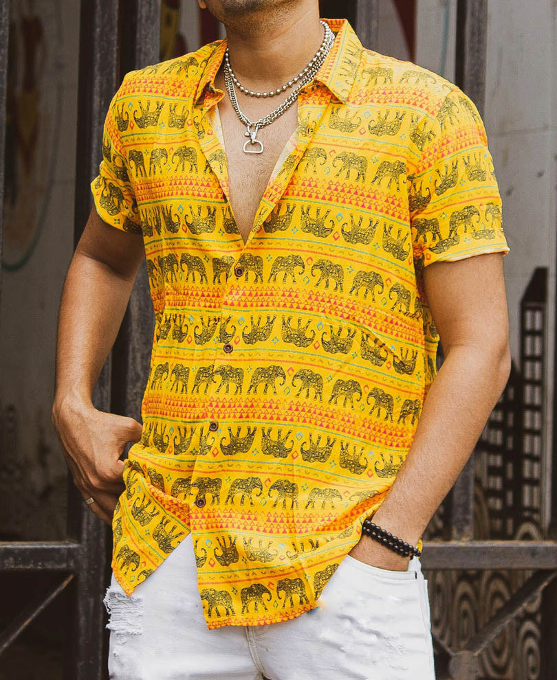 Yellow Elephant Print Half Sleeves Shirt