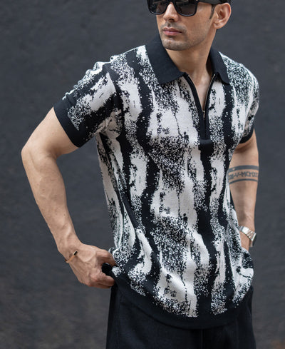 Black White Jacquard Knit T-Shirt.