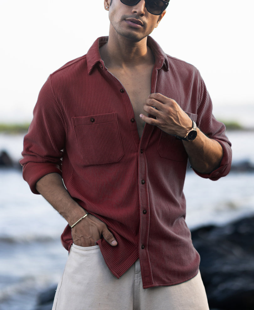 Wine Structured Knit Shirt With Pockets