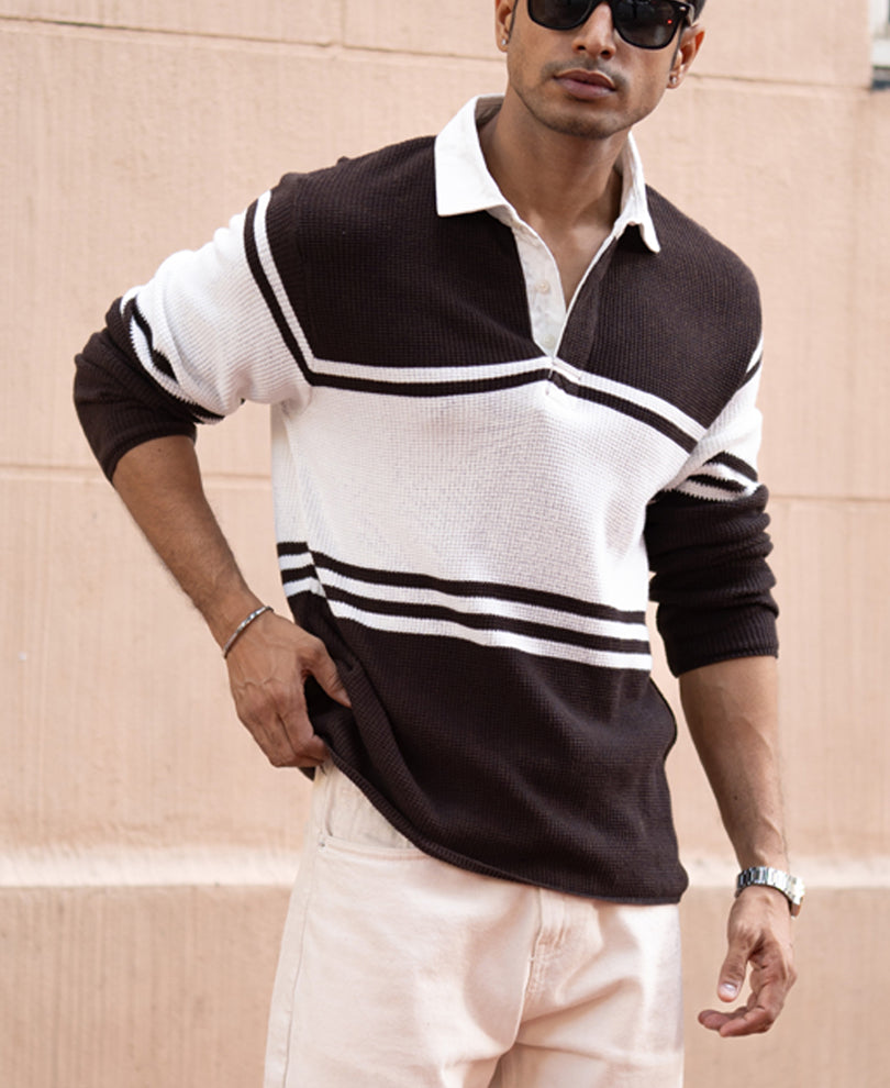 Coffee Brown Structured Stripe Sweatshirt