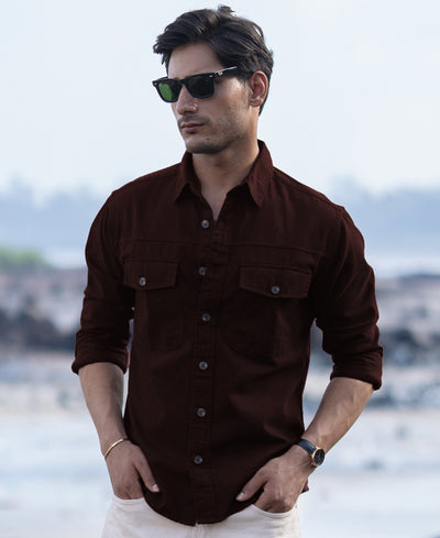 Wine Structured Overshirt With Pockets