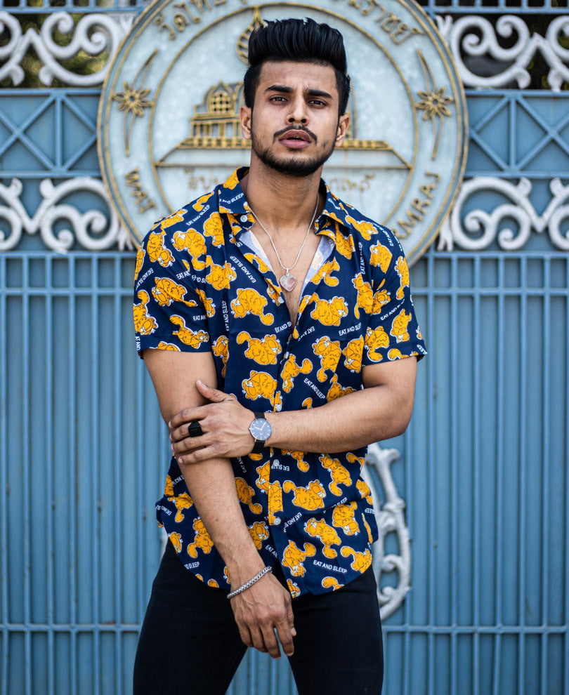 Navy Blue Garfield Cat Printed Half Sleeves Shirt