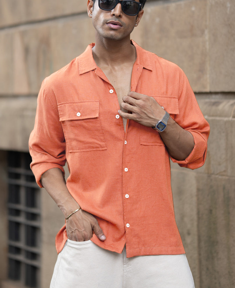 Peach Linen Double Pocket Shirt