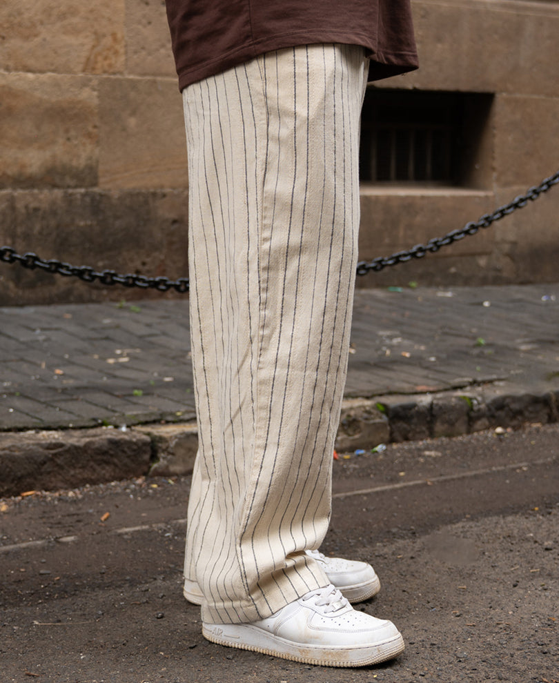 Cream Striped Linen Trouser