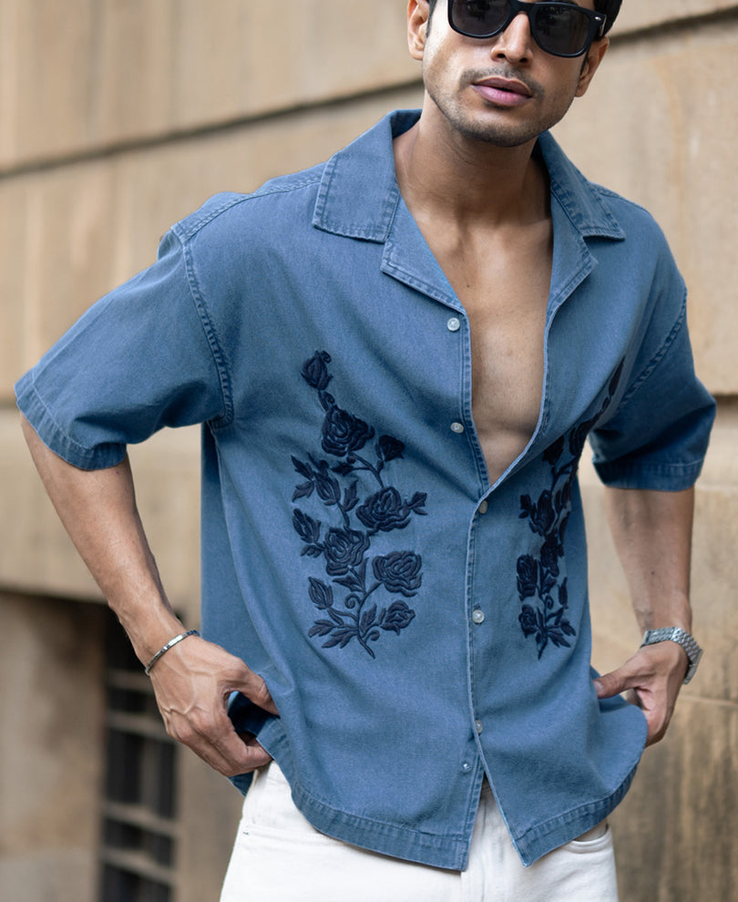Mid Blue Embroidered Denim Shirt.