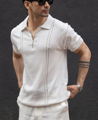 White Structured Knit Zipper T-Shirt