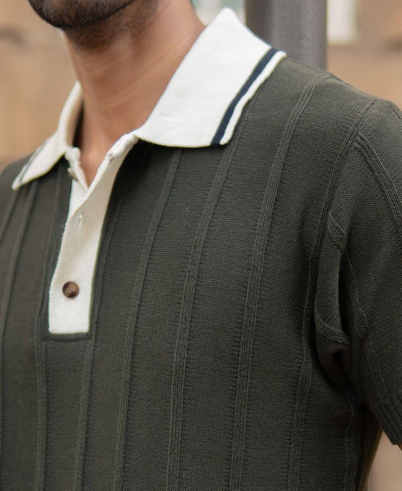Olive Contrast Collar Knit T-Shirt