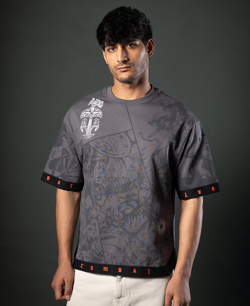 Grey Mahabharata Print T-Shirt.