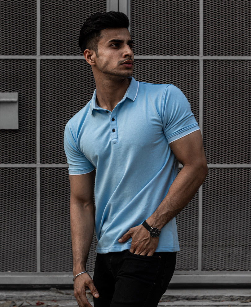 Sky Blue Polo Collar Half Sleeves T Shirt