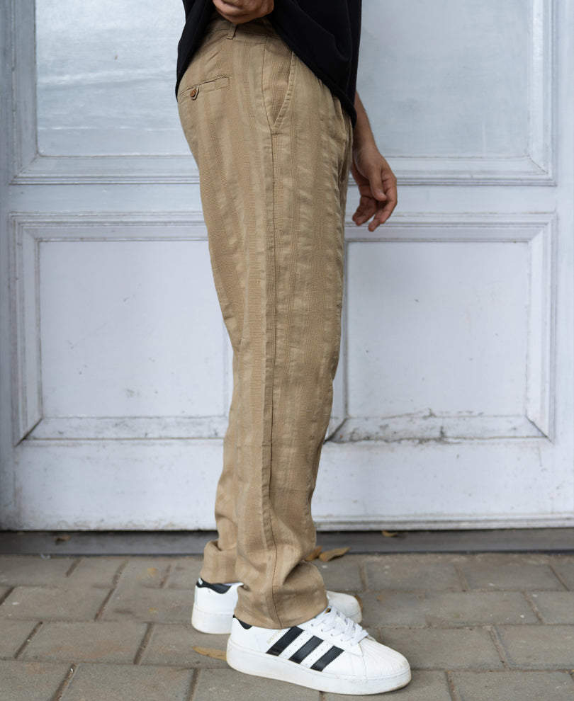 Beige Structured Pleated Cotton Trousers.