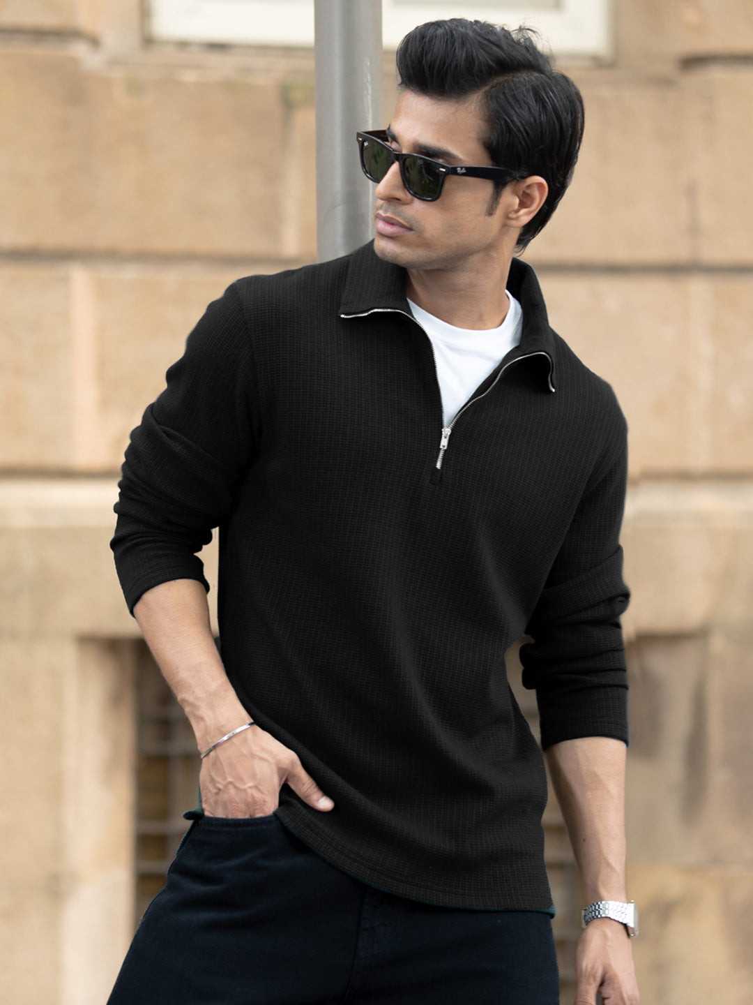 Black Knit Polo Zipper T-Shirt