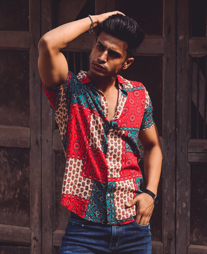 Red and Cream Patchwork Print Half Sleeves Shirt