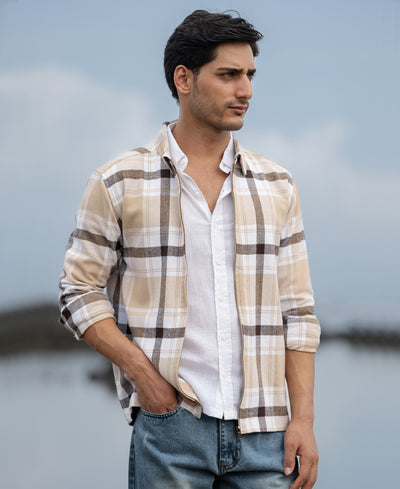 Beige Checks Zipper Overshirt