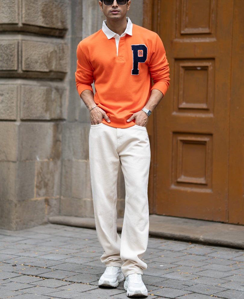 Orange Polo Collar Oversize Drop Shoulder Sweatshirt