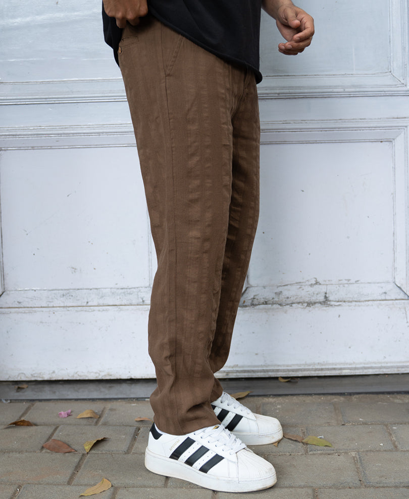 Brown Structured Pleated Cotton Trousers.