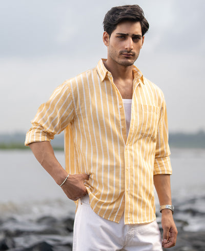 Yellow Cotton Blend Stripe Shirt