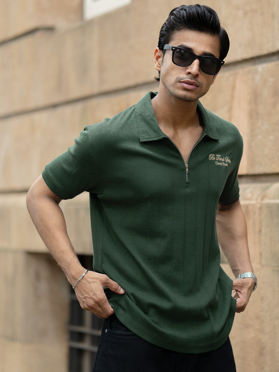 Green Embroidered Zipper T-Shirt