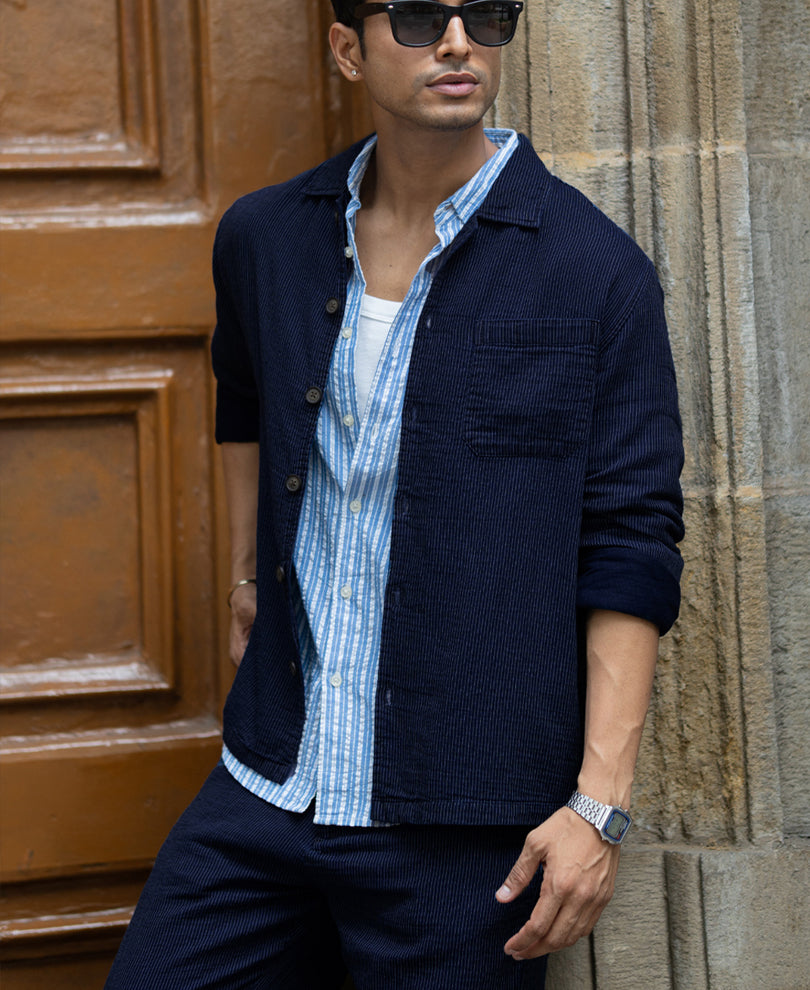 Navy Double Cloth Stripe Co-Ord Set