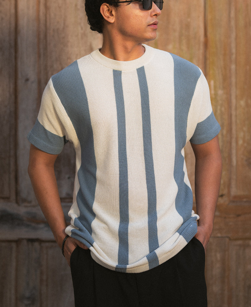 Grey Stripe Knit T-Shirt 100% Cotton