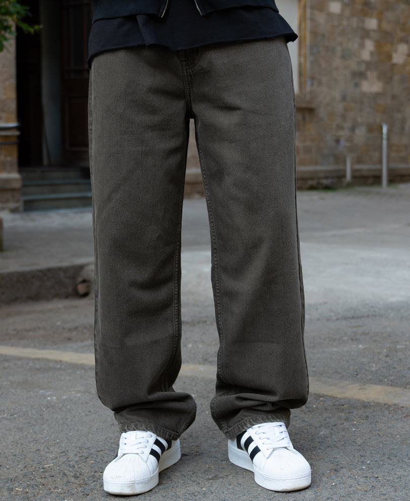 Dark Olive Washed Baggy Jeans.