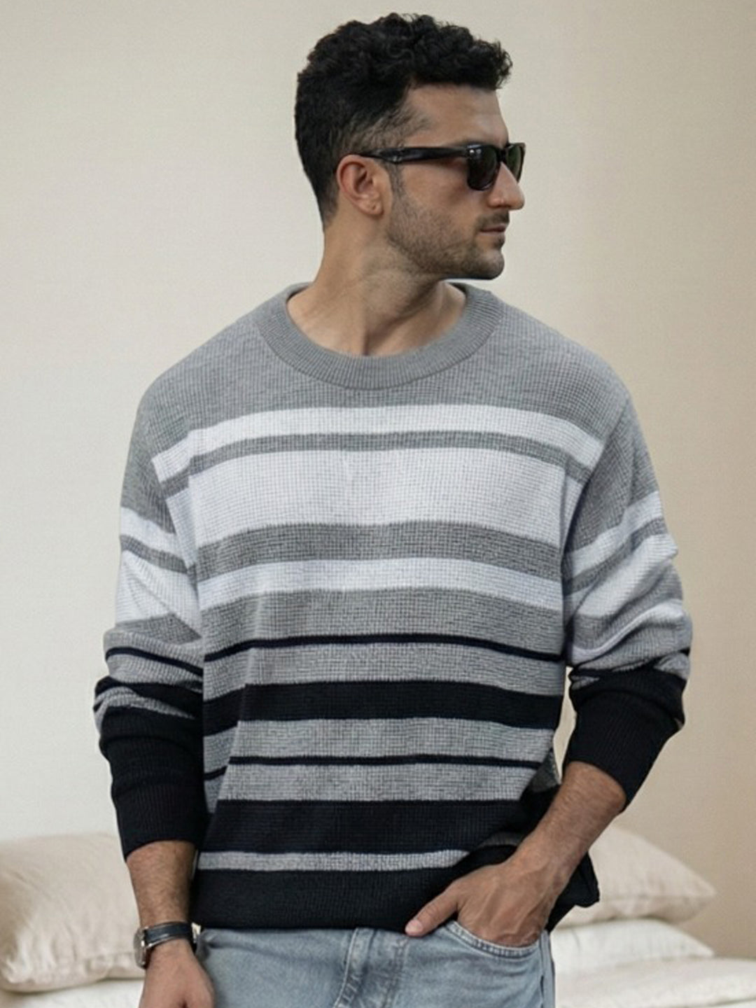 Grey And Black Structured Striped T-Shirt