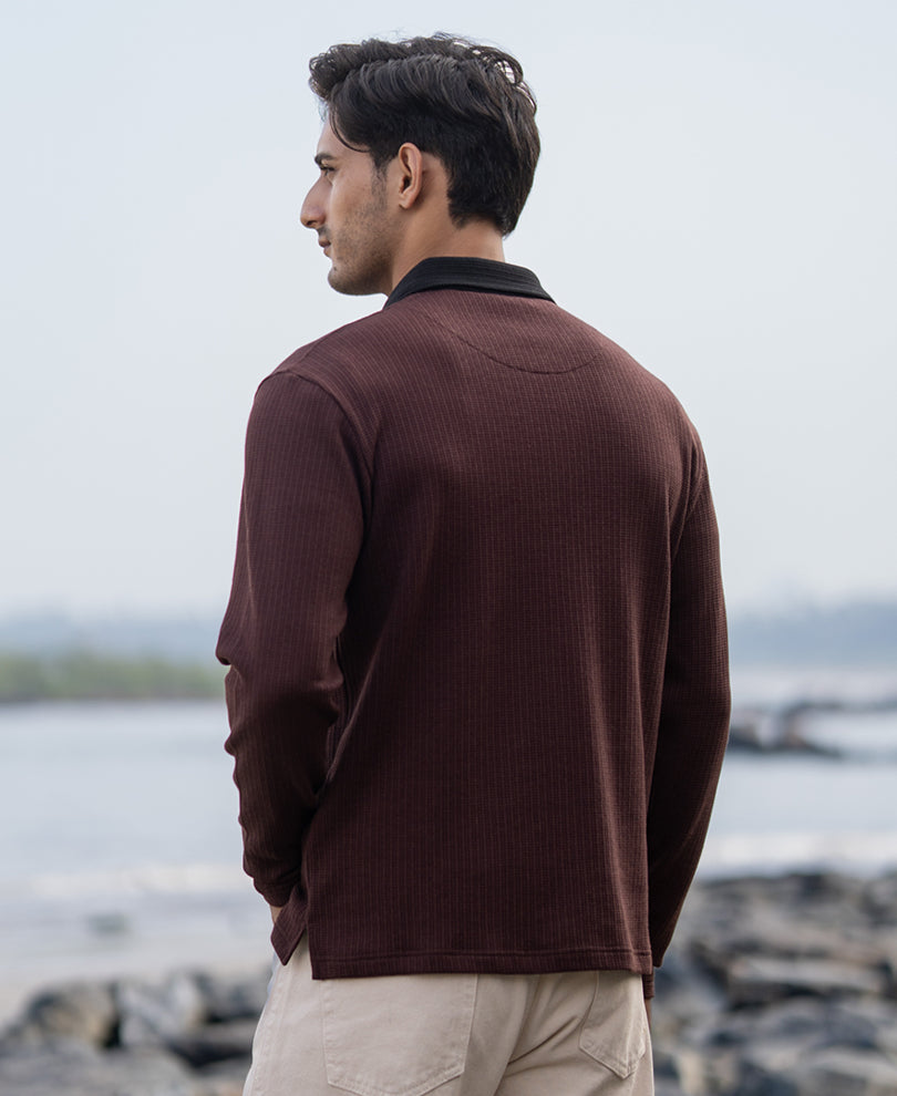 Brown Contrast Collar Structure T-Shirt