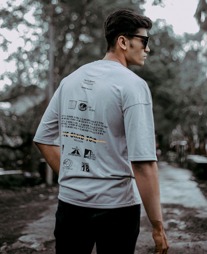 Grey Global Logo Print Oversize Drop Shoulder T Shirt
