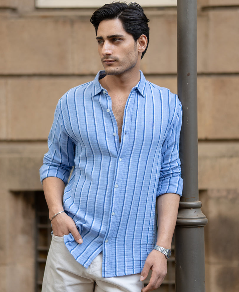 Blue Double Cloth Striped Shirt