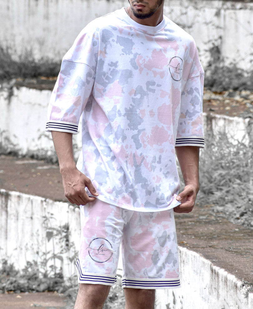 White and Pink Stripe Tie-Dye Oversize Drop Shoulder Shorts Set