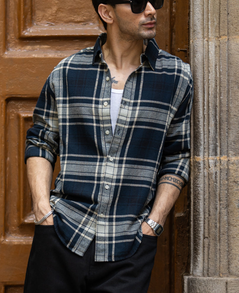 Navy Structured Checks Shirt.