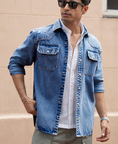 Mid Blue Distressed Denim Overshirt