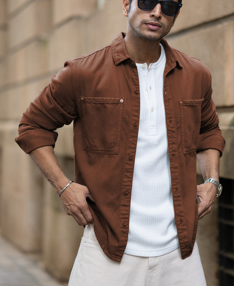 Brown Textured Cotton Overshirt