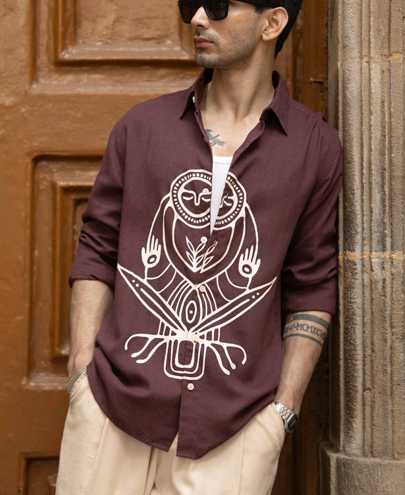 Wine Printed Linen Shirt