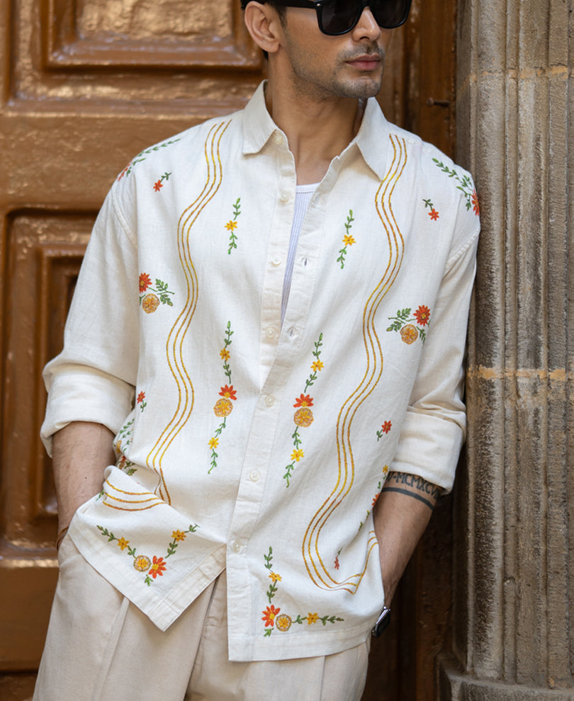 Natural Linen Blend Print Shirt.