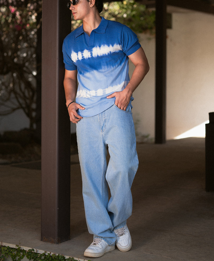 Blue Tie Dye Knit T-Shirt.