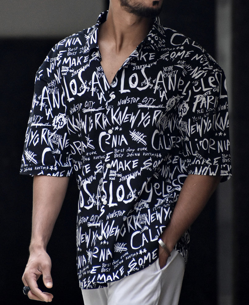 Black Los Angeles All Over Print Oversize Drop Shoulder Shirt