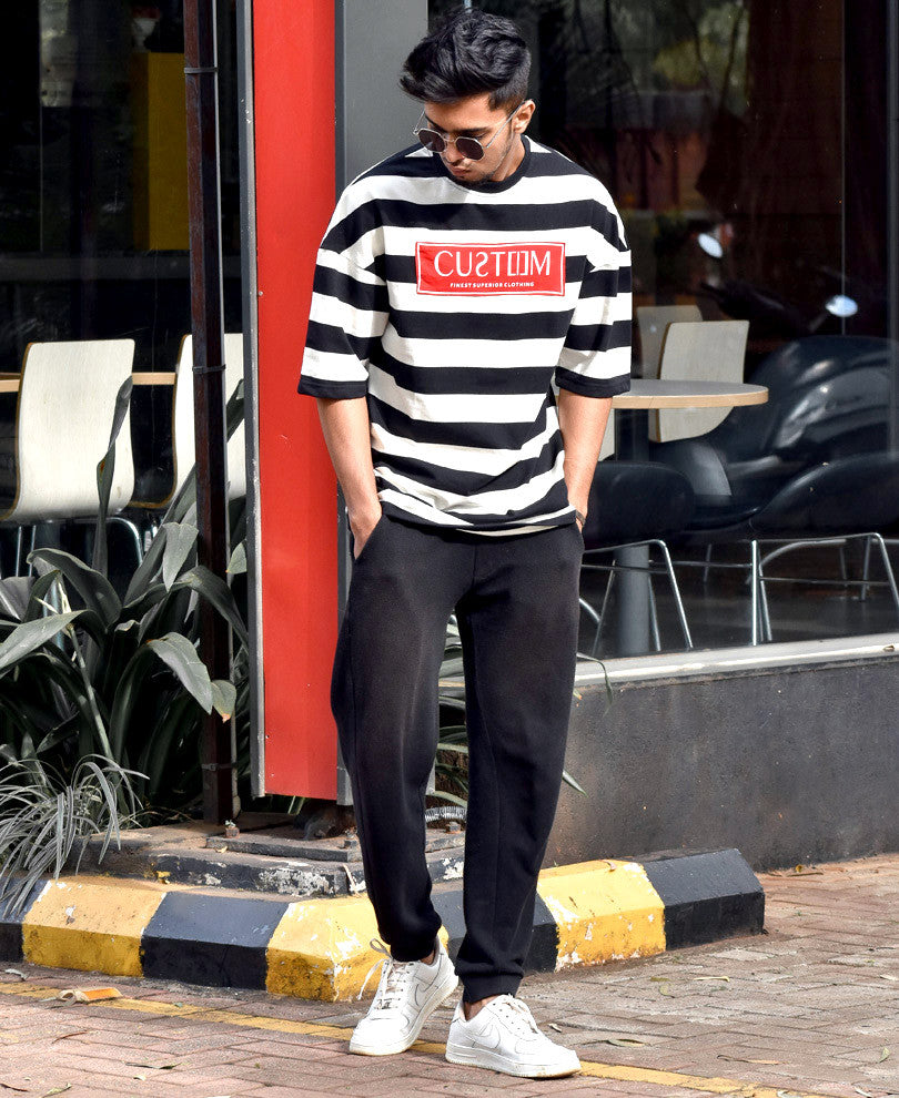 Black and Cream Custom Print Oversize Drop Shoulder T Shirt