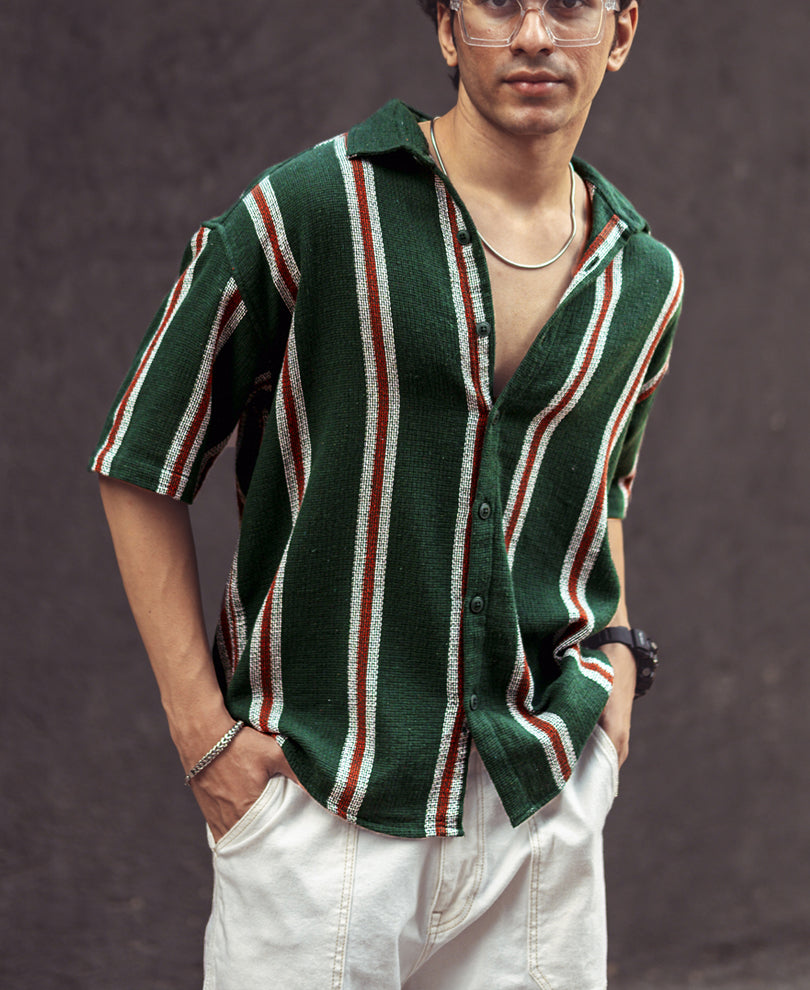 Olive Green Vertical Stripes Oversize Drop Shoulder Shirt