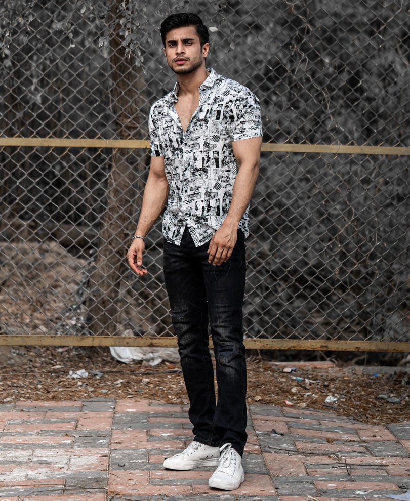 White Comic Print Half Sleeves Shirt