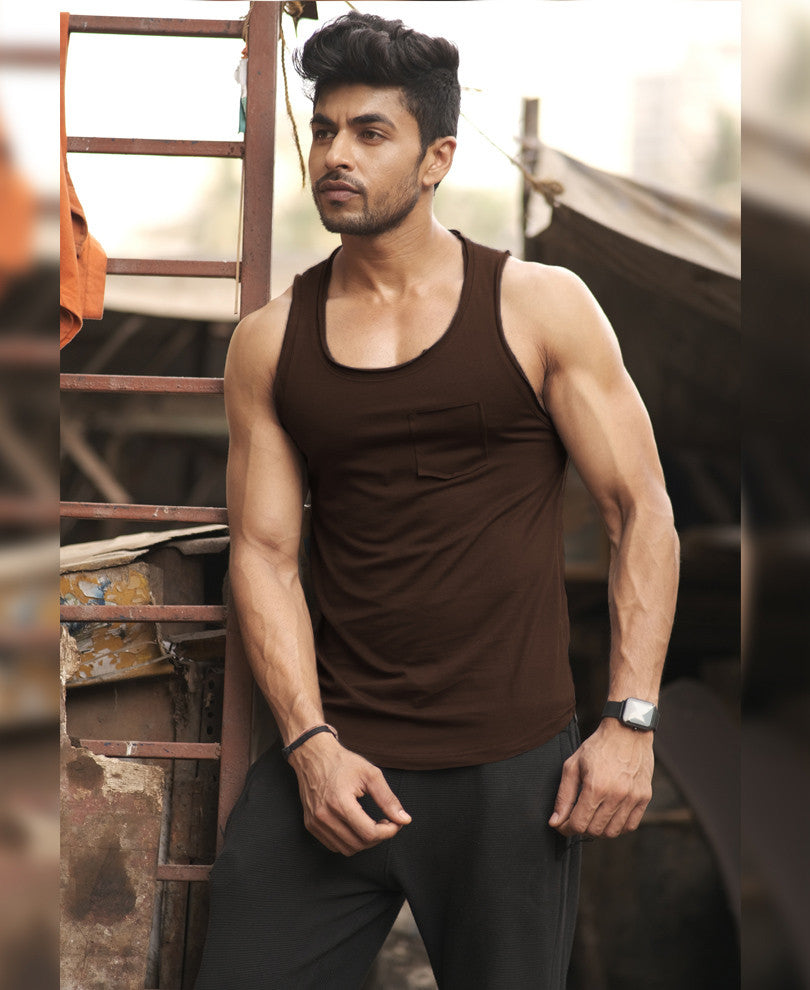 Mens Dark Brown Plain Pocket Vest