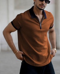 Dark Tan Contrast Collar Zipper T-Shirt