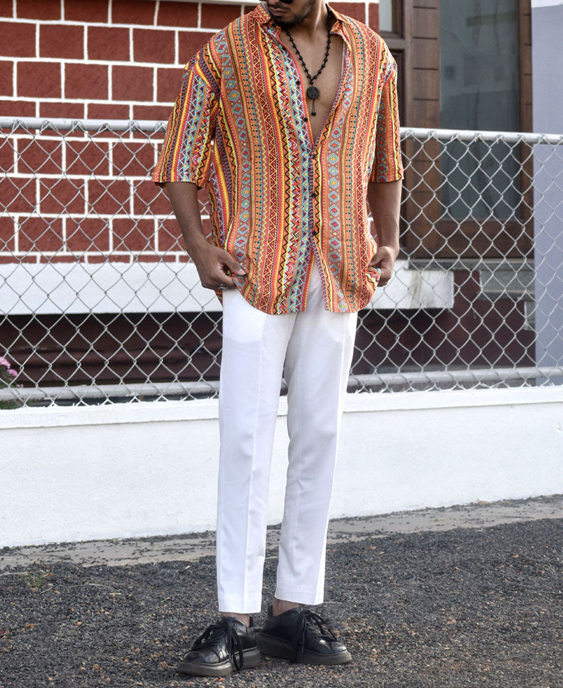 Orange Ethnic Print Oversize Drop Shoulder Shirt