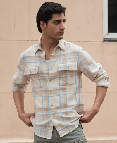 Beige Double Pocket Checks Shirt