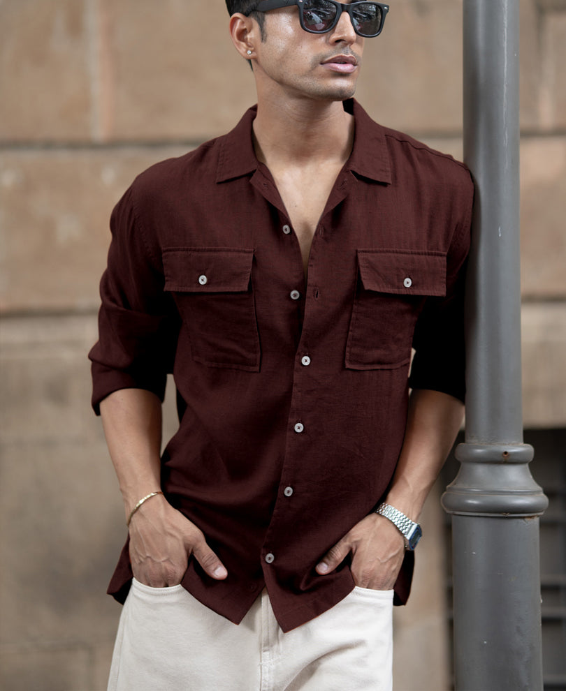 Wine Linen Double Pocket Shirt