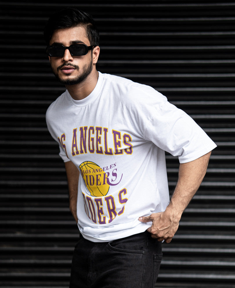 White Los Angeles Riders Print Oversize Drop Shoulder T Shirt