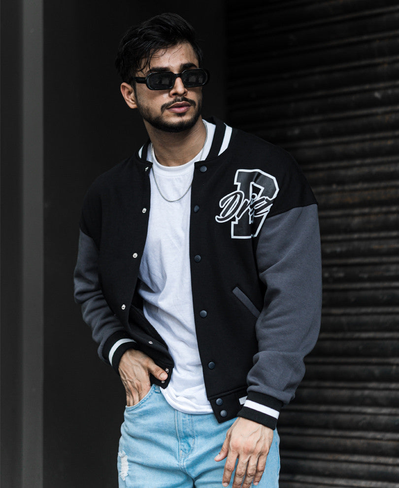 Black Varsity Baseball Oversize Drop Shoulder Jacket