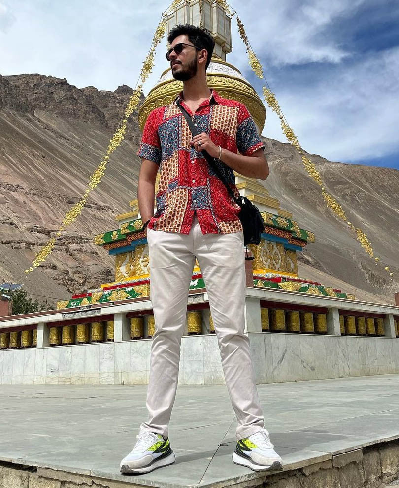 Red and Cream Patchwork Print Half Sleeves Shirt