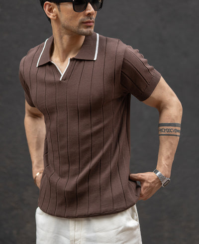 Brown Structured Knit Polo T-Shirt