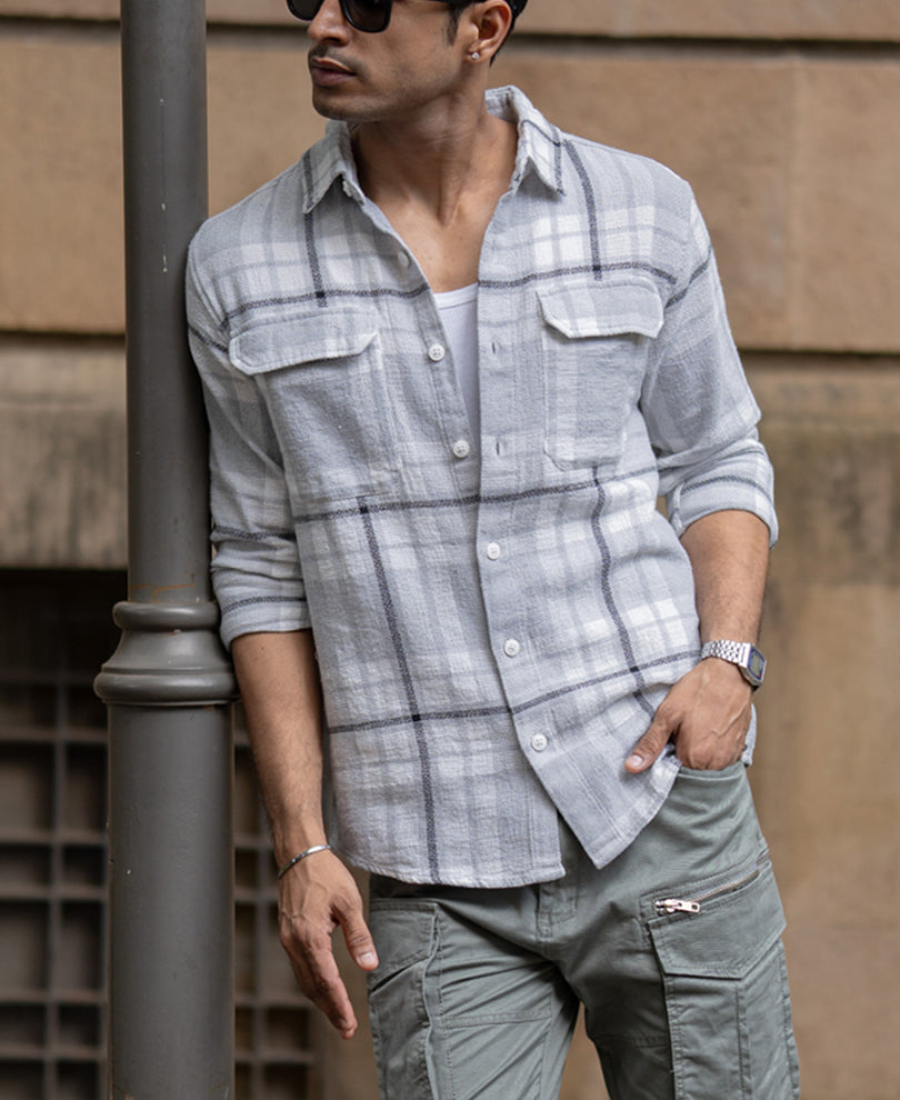 Light Grey Structured Checks Shacket Oversize Drop Shoulder Shirt