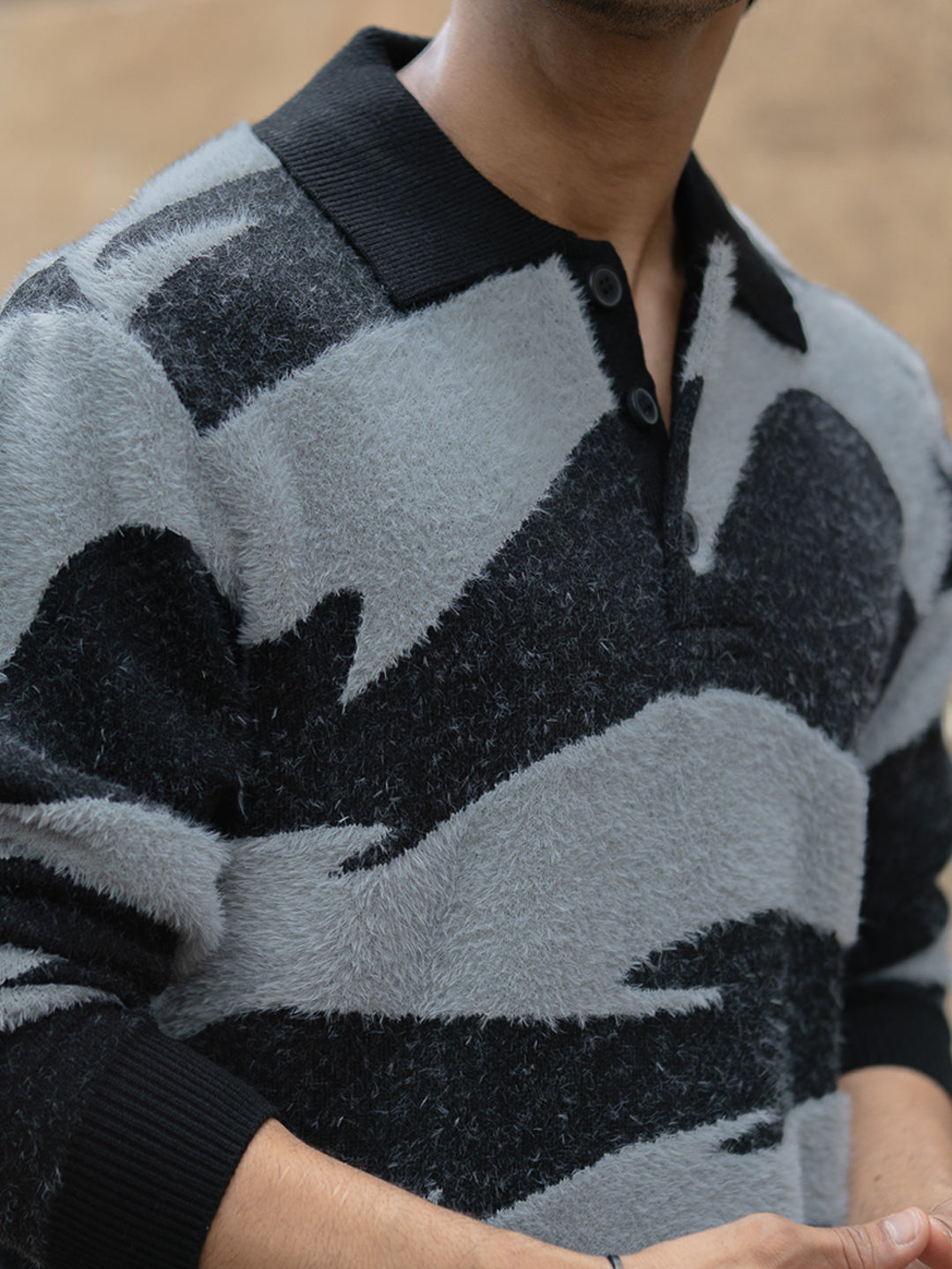 Black Abstract Jacquard Knit Polo Sweater